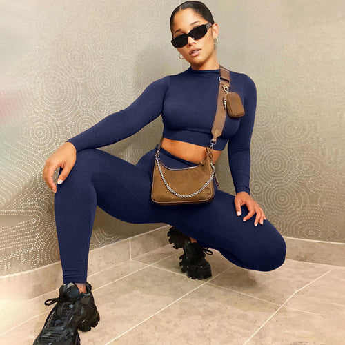 Winter Women Sport Fitness 2 Two Piece Set Outfits Long Sleeve Crop