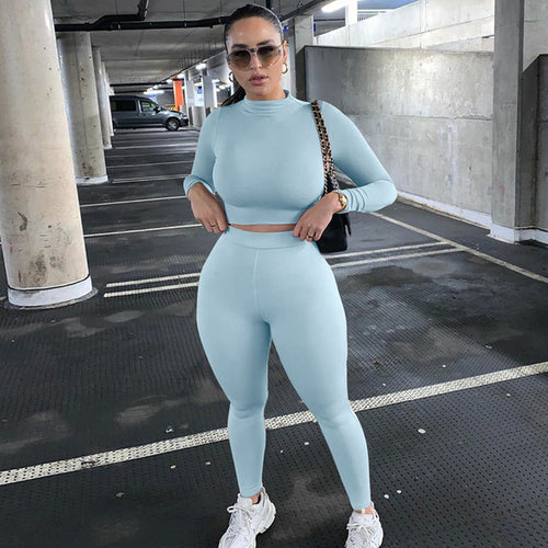 Winter Women Sport Fitness 2 Two Piece Set Outfits Long Sleeve Crop