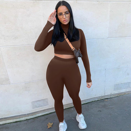 Winter Women Sport Fitness 2 Two Piece Set Outfits Long Sleeve Crop