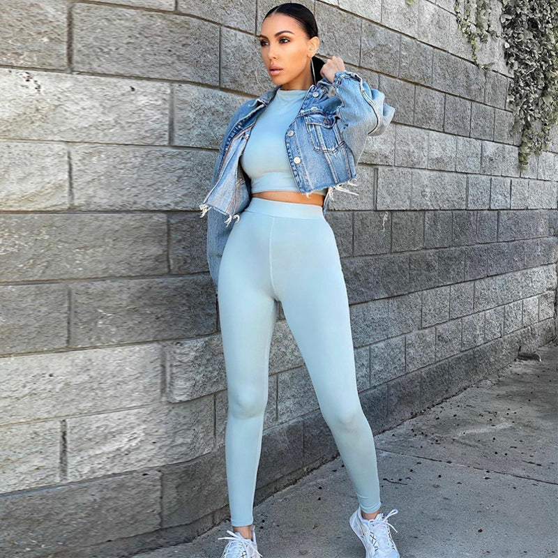 Winter Women Sport Fitness 2 Two Piece Set Outfits Long Sleeve Crop